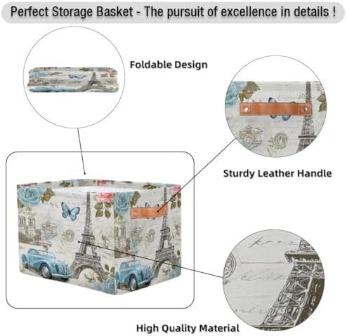 AUUXVA Storage Basket Vintage Paris Eiffel Tower Rose Flower Old Car Storage - Image 7