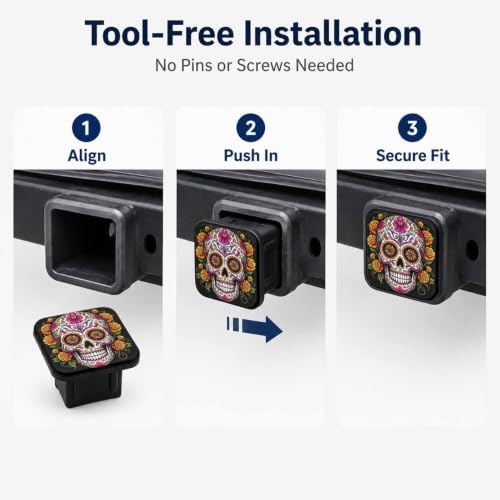 Hitch Cover Receiver Tube Hitch Plug Sugar Skull Flowers, Tool-Free Install Tow - Image 7