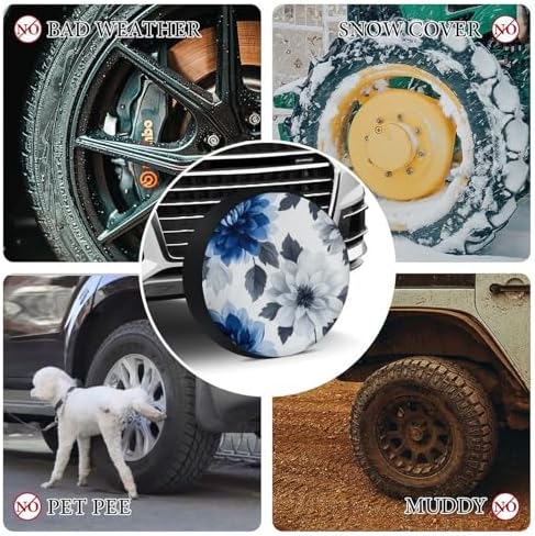 Spare Tire Cover 16inch Blue and Grey Dahlia Flower Wheel Protectors Tire - Image 7