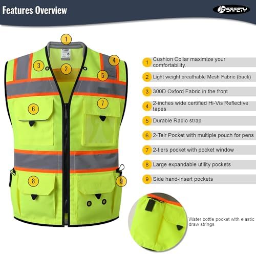 JKSafety Hi-Vis Unisex Surveyor Safety Vest Heavy Duty PPE Inner Pockets - Image 6