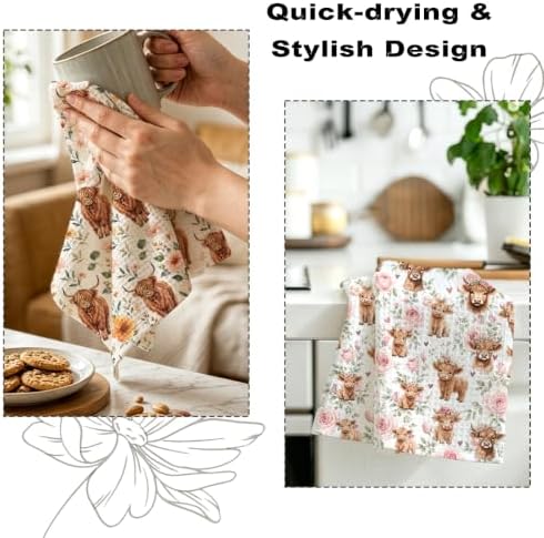 2 Pcs Cute Highland Cow Kitchen Towels, Cows Soft Absorbent Hand Towels 02 - Image 6