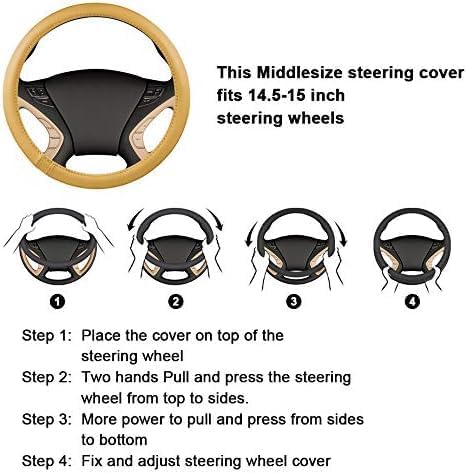 HAOKAY Top Grade Beige Genuine Leather Steering Wheel Cover Men Women, Luxury Steering Wheel Cover for Cars, SUVS and Trucks, Universal 14.5-15 inch