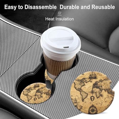 Cup Holder for Car, Rustic Ancient World Map Print Ceramic Coasters Non-Slip - Image 7