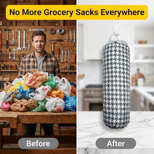 Plastic Bag Holder, Wall Mount Grocery Bag Dispenser, Yarn-dyed Houndstooth - Image 7