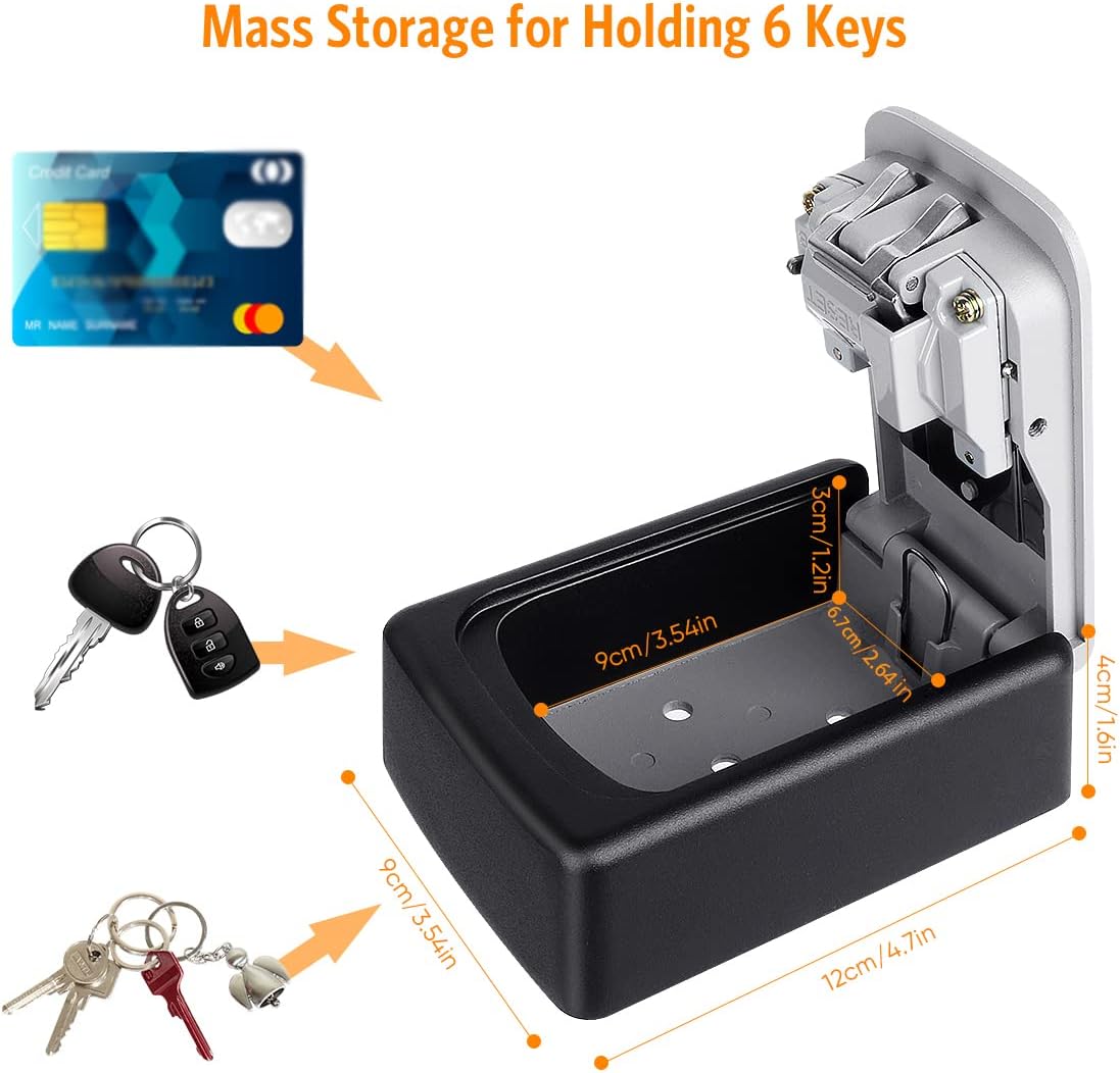 Fayleeko Key Lock Box Wall Mounted, 4 Digit Combination Lockbox for Outside, House Keys - 5 Keys Capacity, Key Safe Security Storage Lock Box for Indoor, Outdoor, Garage, Garden, Store (Black, 1Pack)