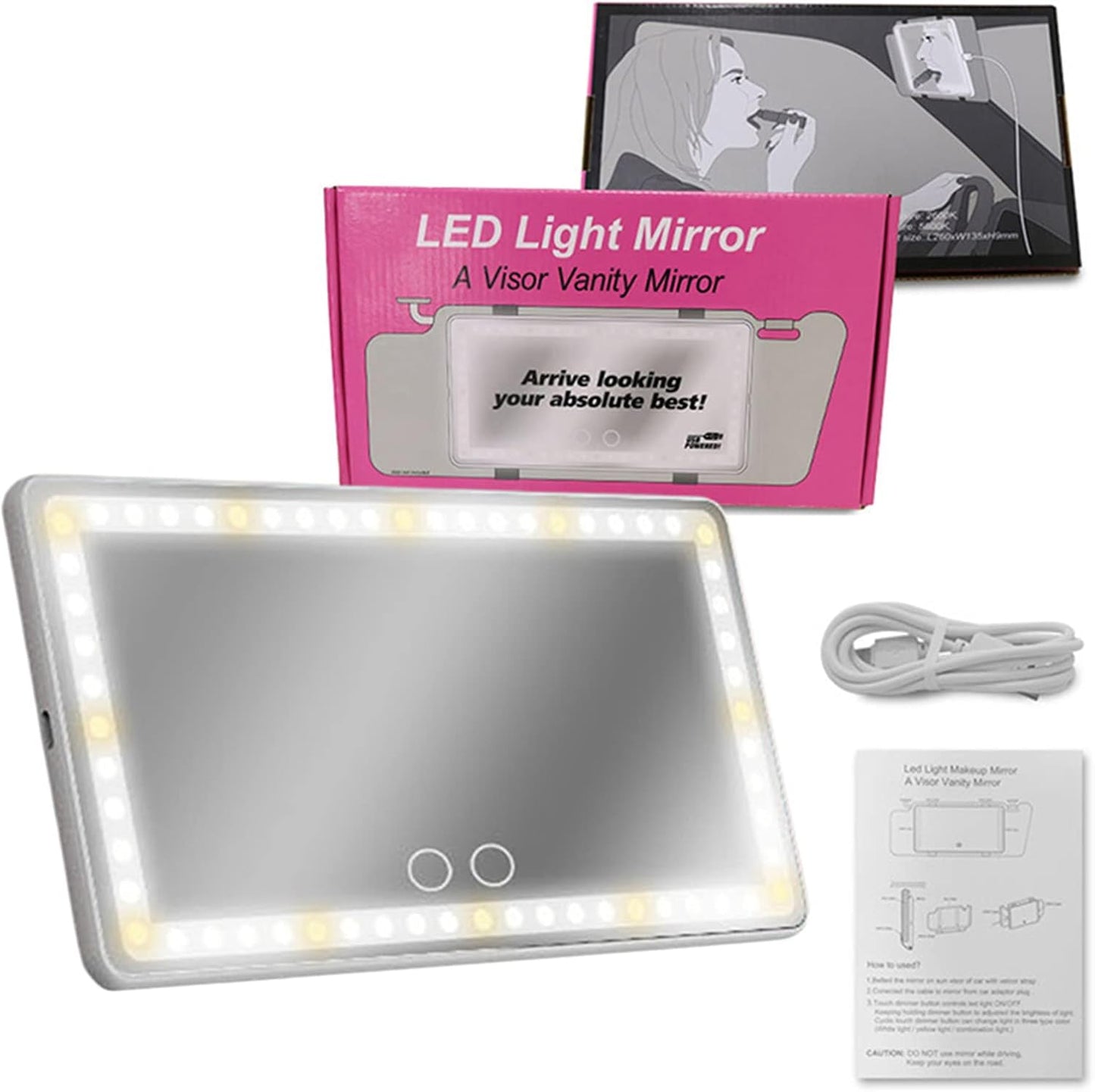 Car Visor Mirror with Rechargeable LED Light - 3 Light Modes & Dimmable Touch Screen - Clip on Big Sun Visor Vanity Mirror for Truck - Passenger Princess Car Accessories for Women Girl- White