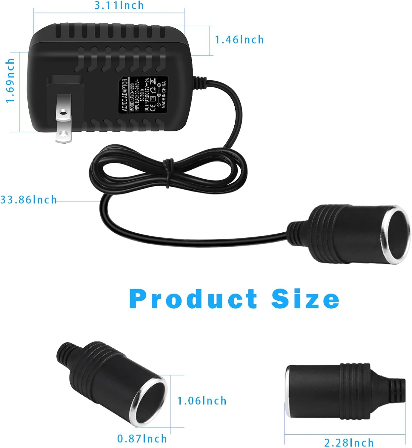inShareplus 12V 2A 24W AC to DC Converter, 12 Volt Cigarette Lighter Adapter, AC 100-240V to DC 12V Car Lighter Adapter to Wall Outlet Adapter, 12V Power Supply for Car Devices (MP3, Fan, Dash Cam)