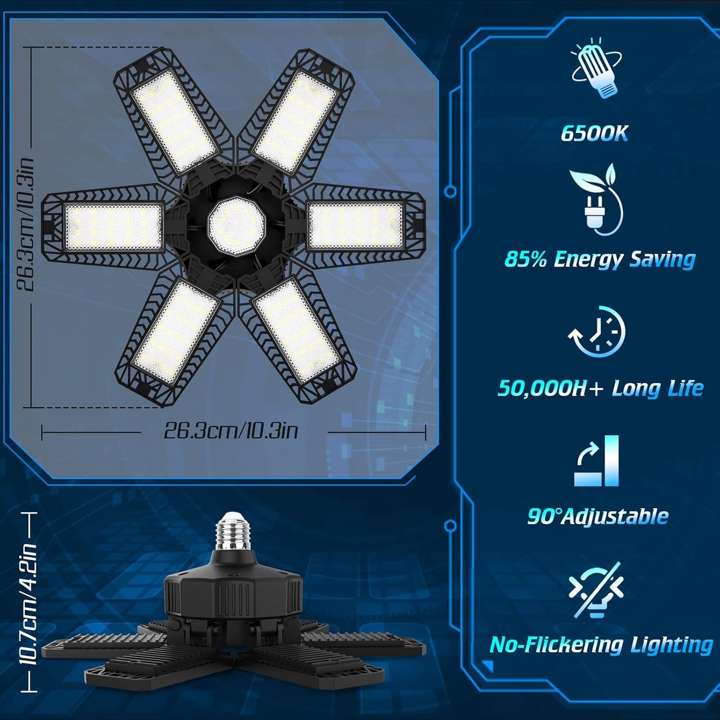 ISKYDRAW Garage Lights Bulb - 6 Pack 200W Garage Lights Ceiling LED 20000LM 6500K Led Shop Light with 6 Deformable Panels, Screw in E26 E27 Socket Basement Lighting for Workshop Barn Attic