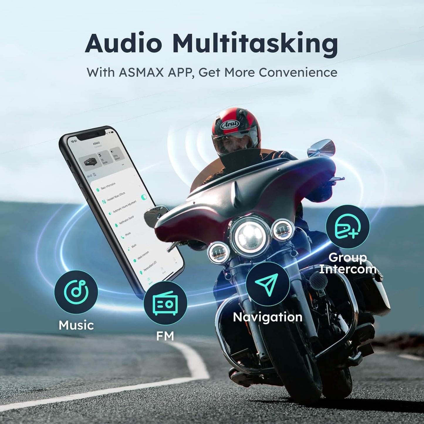 S1 Motorcycle Bluetooth Headset with 3 Intercom Modes, 8-Rider Mesh Communication, AI Voice, FM Radio, Auto Volume, Waterproof, Fast Charging for Helmet/ATV/UTV/Snowmobile(Grey)