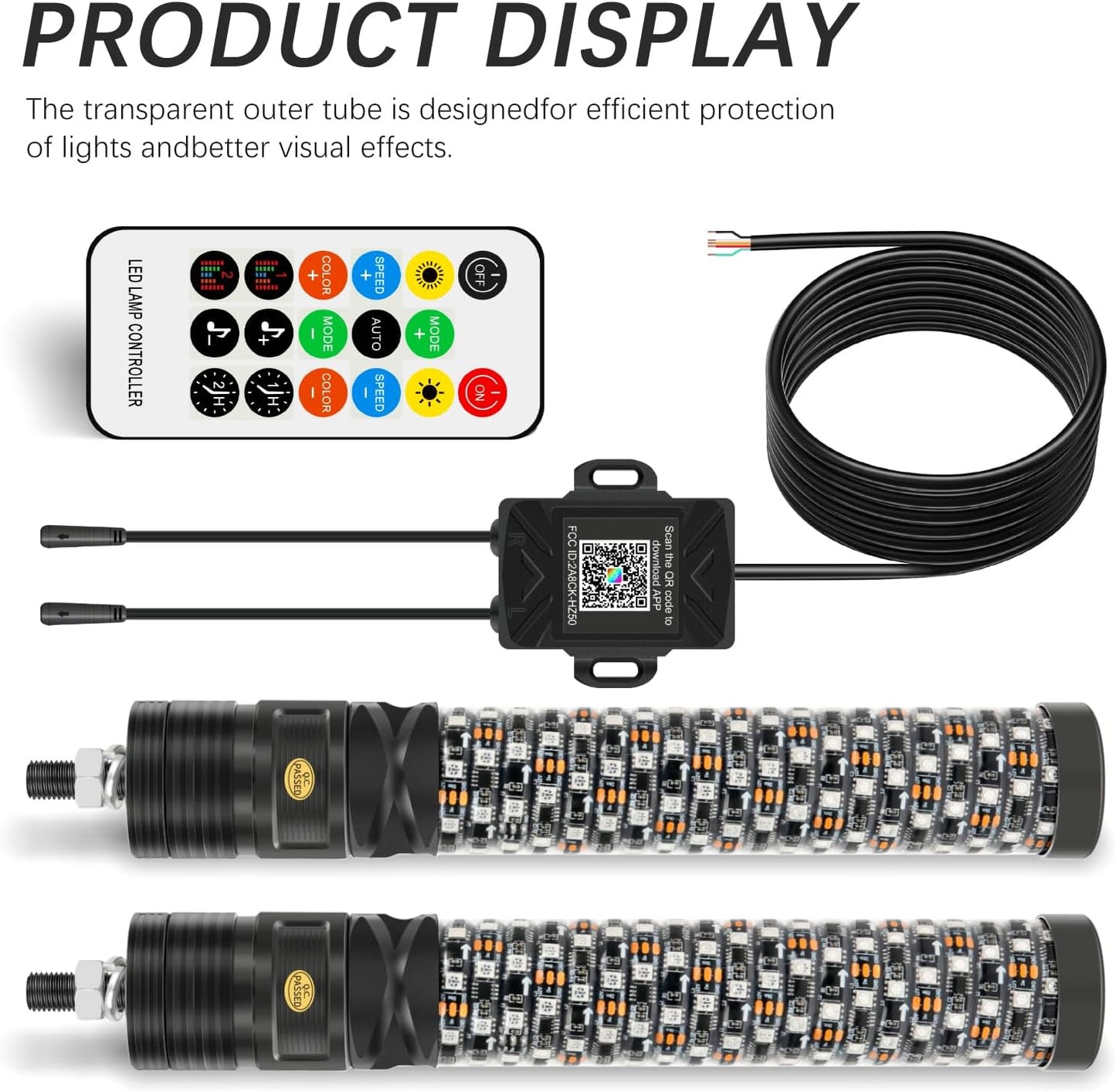 DREAMIZER 2PCS 1FT Fat Spiral Led Whip Lights with APP&Remote Control RGB Chasing Dancing Lighted Antenna Whips Compatible with Can-Am X3 UTV ATV RZR SXS Dune Buggy Offroad Truck