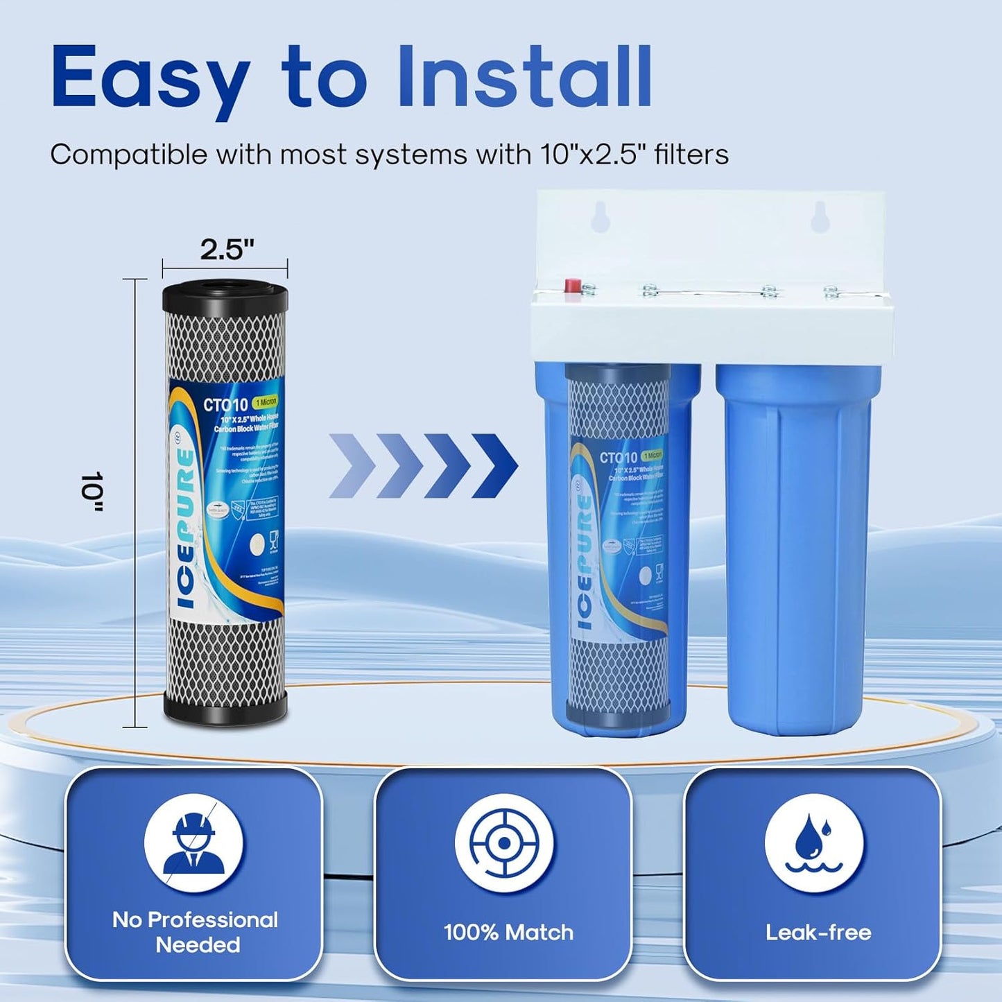 ICEPURE 1 Micron 2.5" x 10" Whole House CTO Carbon Sediment Water Filter Cartridge Compatible with DuPont WFPFC8002, WFPFC9001, SCWH-5, WHCF-WHWC, WHCF-WHWC, FXWTC, CBC-10, RO Unit, Pack of 4