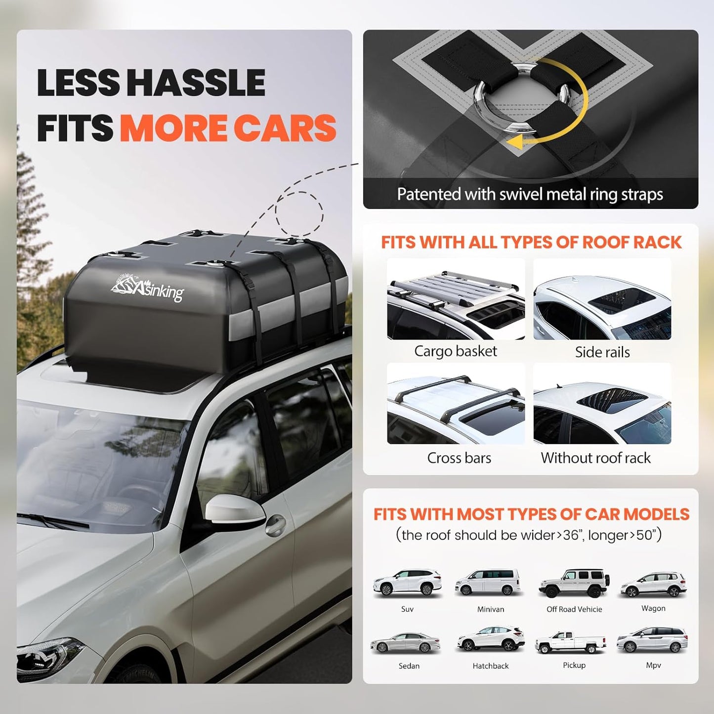 Asinking Car Rooftop Cargo Carrier Bag - 100% Waterproof Heavy Duty Car Roof Luggage Carrier 15 Cubic Feet, Fits All Vehicles with/Without Roof Rack - Easy Install & Triply Reinforced for Secure Use