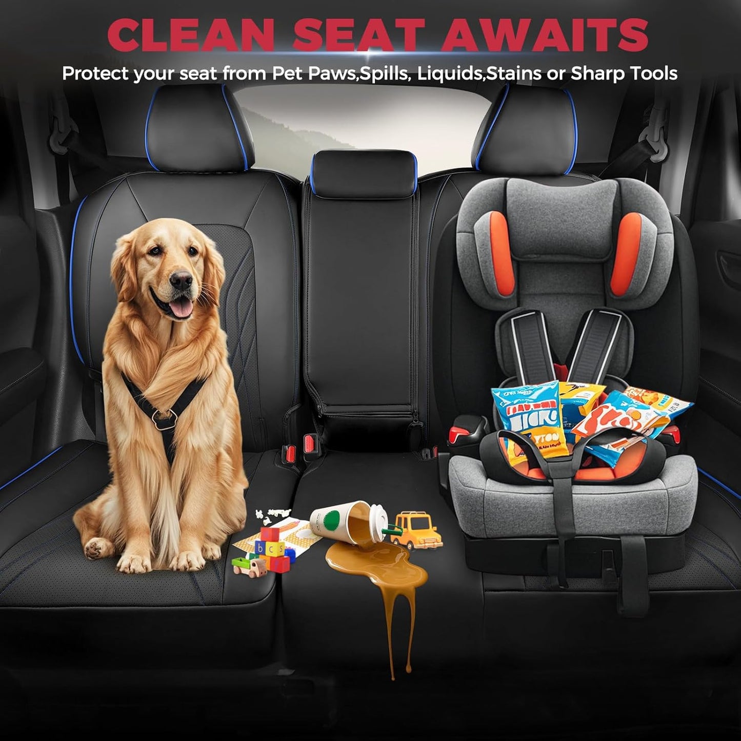 FREESOO Seat Covers for Honda CRV, Custom Fit Seat Covers Full Set, CRV LX EX EX-L Sport Touring Special Edition Trailsport Hybrid & Gas 2023 2024 2025 2026, Leather Waterproof Seat Cover, Black&Blue