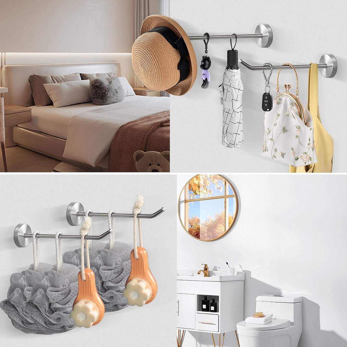 NearMoon Coat Hooks, Wall Hooks for Hanging Hat Hurse Robe, 304 Stainless Steel Heavy Duty Towel Hangers for Bathroom Livingroom Hotel Kitchen Garage, 6 Pack (8 Inch, Brushed Nickel)