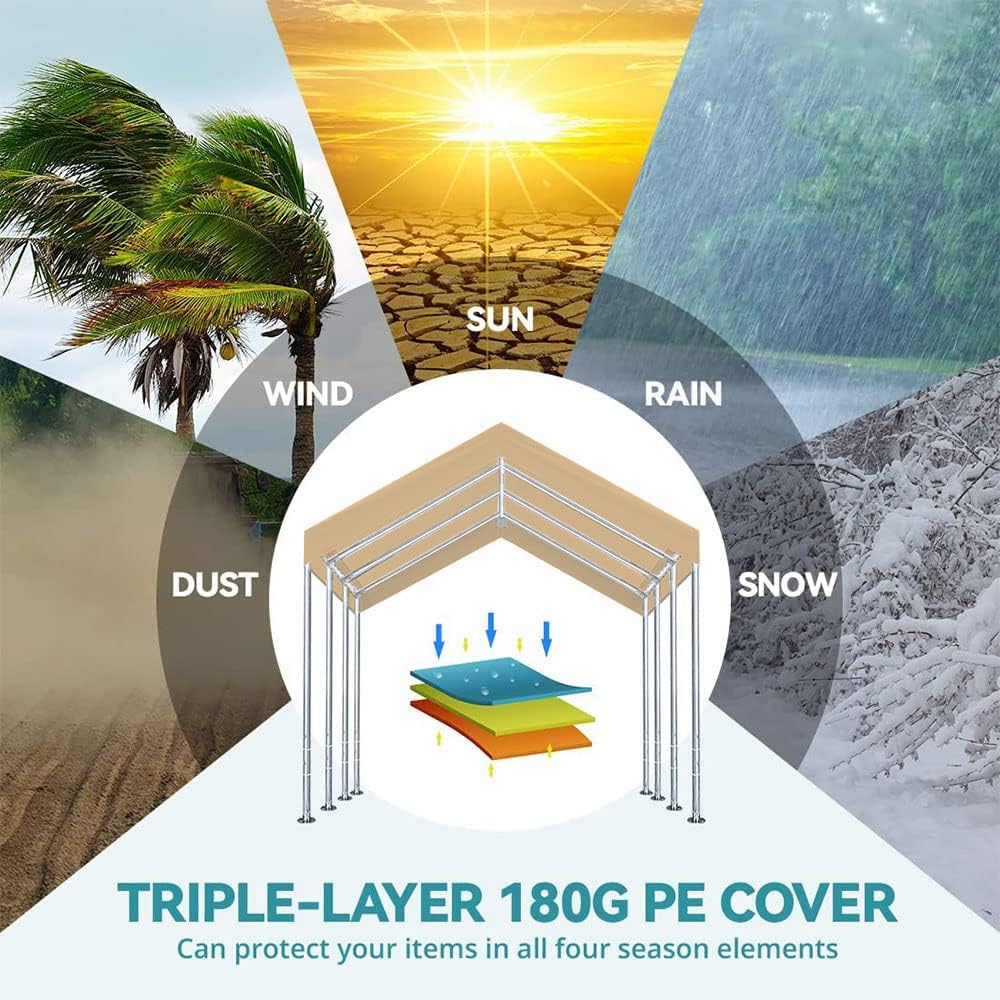 Rutile 12'x20' Carport Canopy ONLY Tent Garage Replacement Top Tarp Car Shelter Cover w/Ball Bungees Beige (Only Top Cover, Frame is not Included)