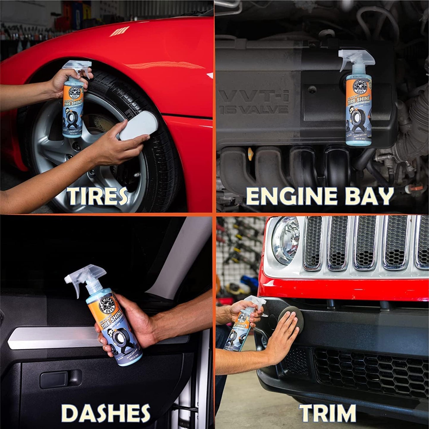 Chemical Guys Tire Kicker Sprayable Extra Glossy Tire Shine With Applicators (Works on Rubber, Vinyl & Plastic) Safe for Cars, Trucks, Motorcycles, RVs & More, 16 fl oz