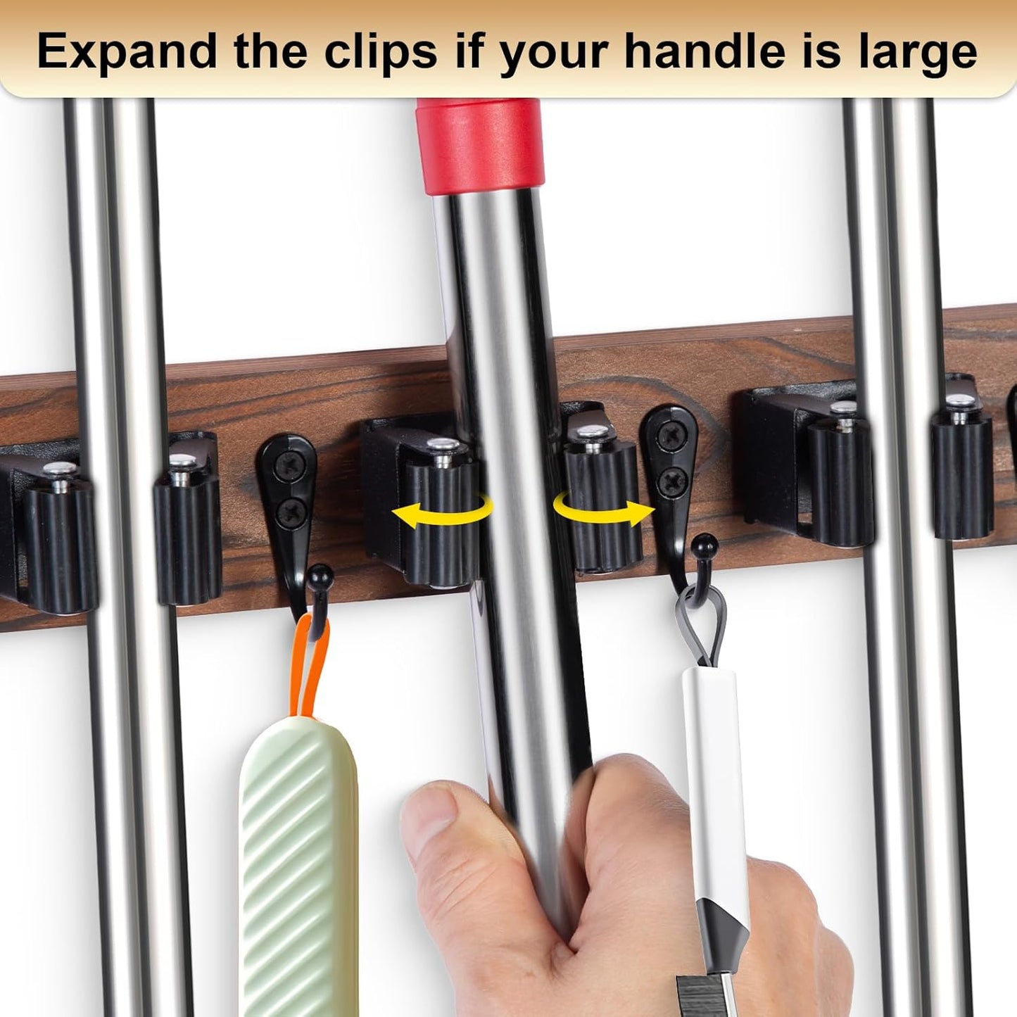 Broom Holder Wall Mount With 5 Slots & 4 Hooks,Rustic Wood Broom & Mop Hanger,Wall Mounted Garden & Garage Tool Storage Organizer Rack for Closet Laundry Room or Kitchen Wall Decor