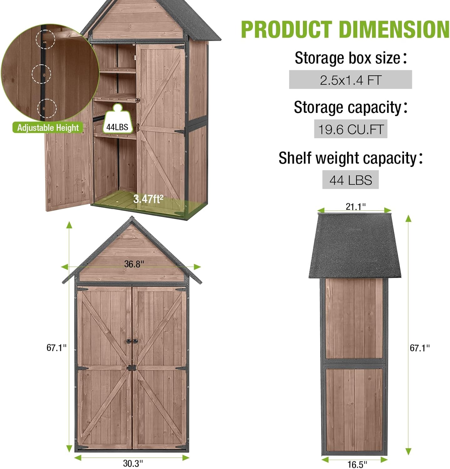 GUTINNEEN Shed Outdoor Storage Upgraded with Durable Metal Frame Garden Shed Tool Storage Cabinet with Wooden Floor Adjustable Shelfs 2.5 x 1.4FT (Dark Color)