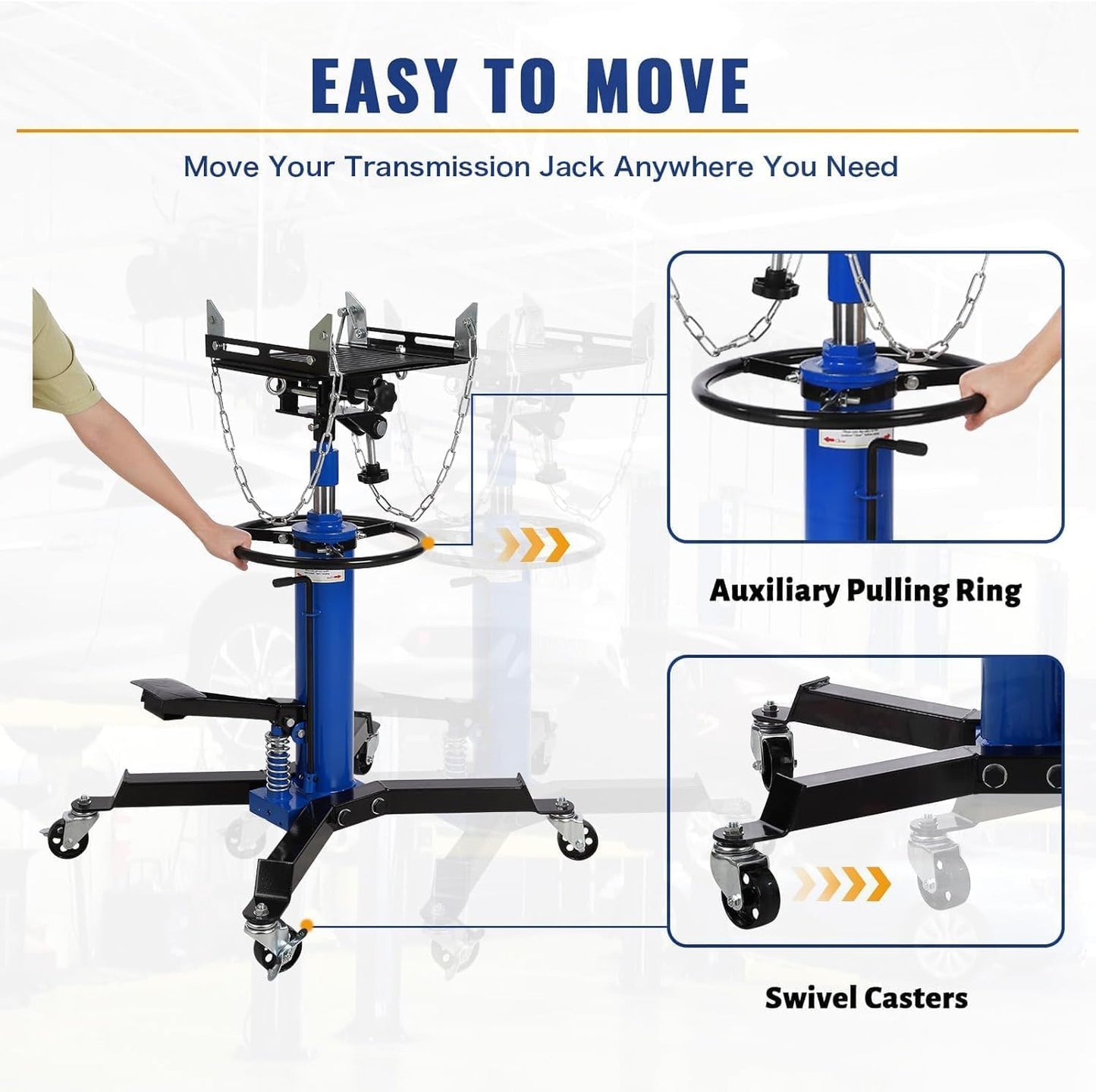 Transmission Jack 1100 LBS Hydraulic Telescoping 2-Stage Lift Jack Stand 33.8"-72.8" High Lift Transmission Jacks with Foot Pedal & 360° Swivel Wheels for for Garage/Workshop Car and Truck Repairs