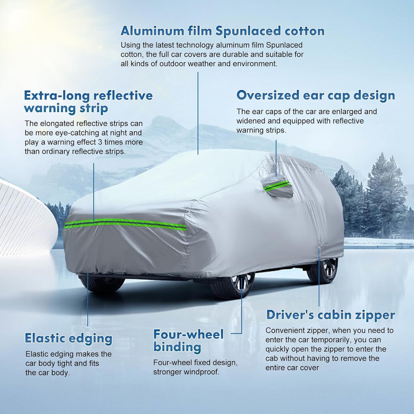 KEYOOG Sedan Car Cover, 6-Layer All-Weather Waterproof, Heavy Outdoor Car Cover, Universal in All Seasons, Snow Protection, Acid Rainproof, Sunscreen, Universally Fit to Sedan (206"-216")- Silvery