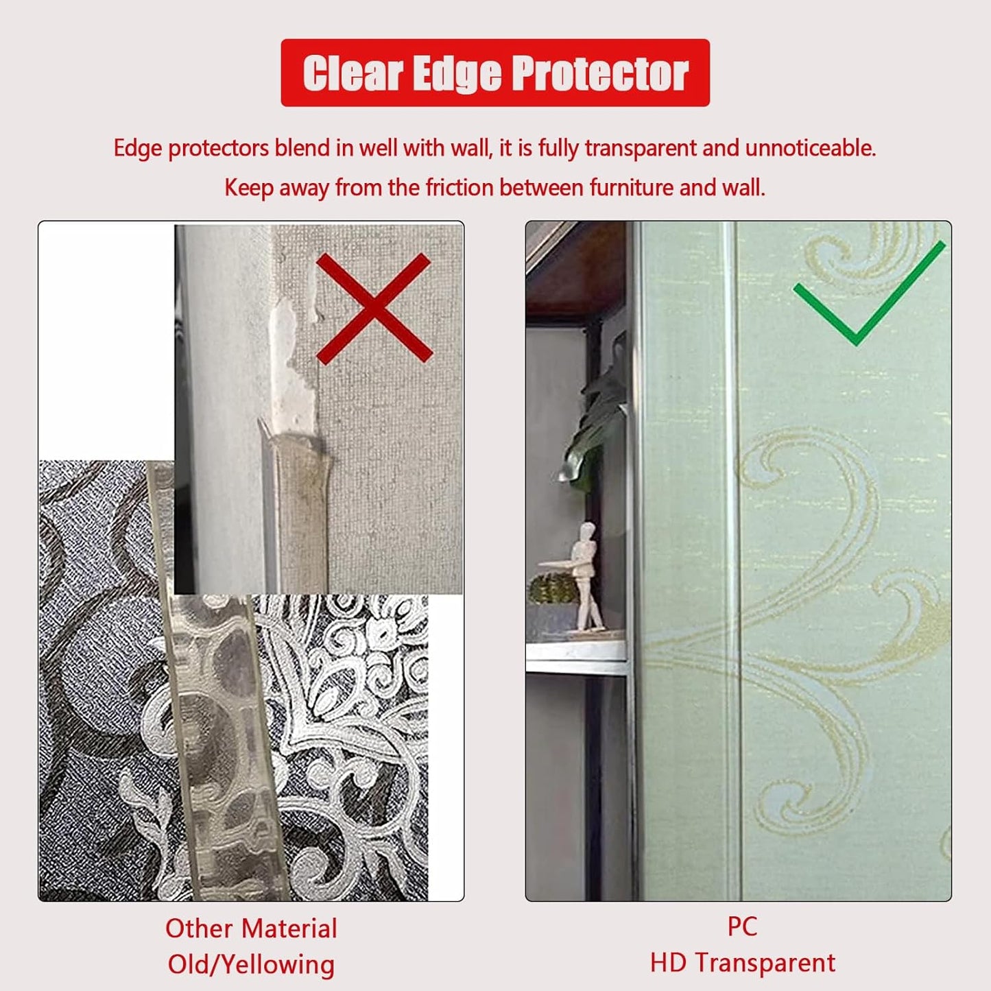 Wall Corner Protector - 2PCS, 39.4"x1.18" - Self Adhesive Clear Corner Protectors for Walls, Cabinet Doors, Edge Protector Trim; Easy to Install Corner Guards for Walls (100cm x 3cm)