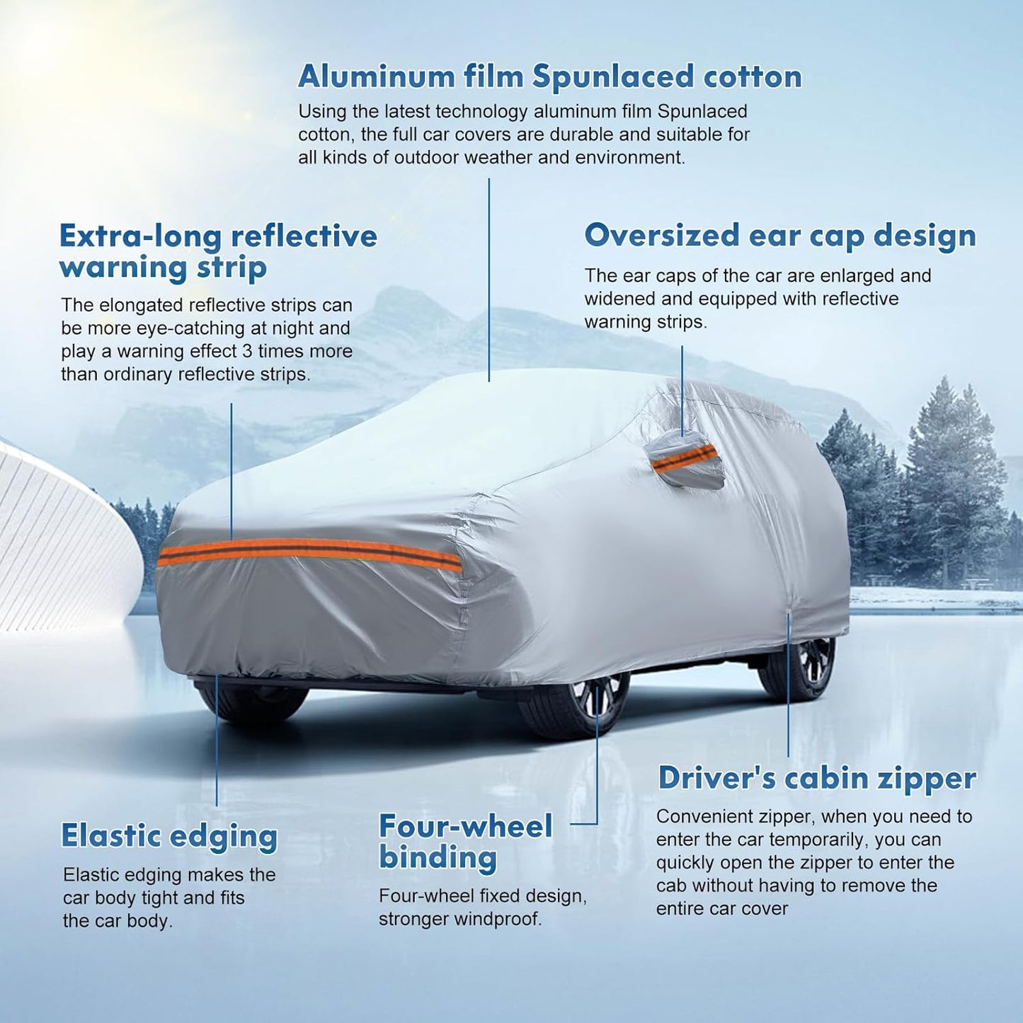KEYOOG 6-Layer Full Car Cover is All-Weather Waterproof, All Seasons, Snow Prevention Rainproof, Acid Rainproof, Sunscreen, Ultraviolet-Proof, Fits Hatchbacks up to 173 ", Orange Reflective Strip