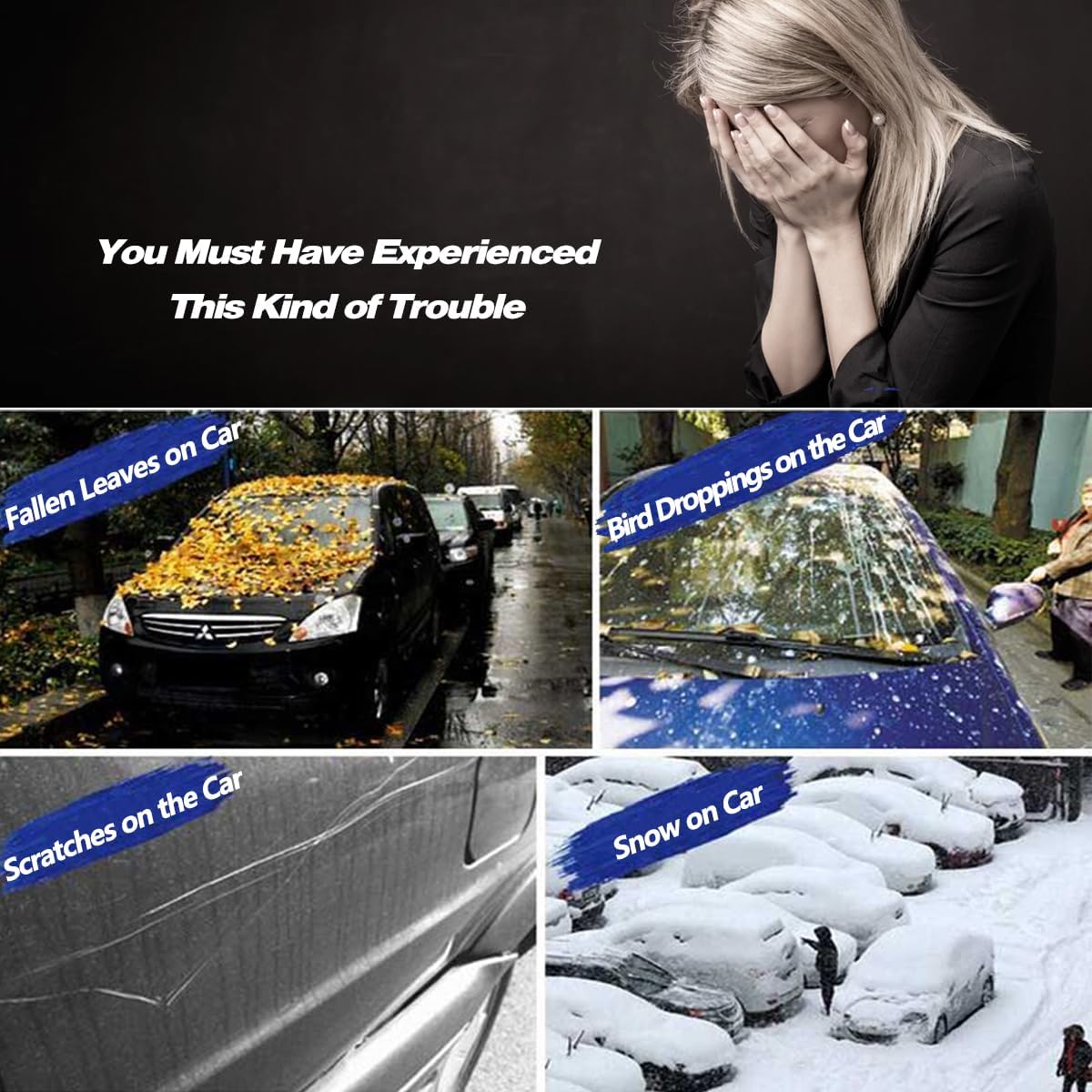 AUQDD 6-Layers PEVA New Material Sedan SUV Full Padded Car Cover Waterproof All Weather Weatherproof UV Sun Protection Snow Dust Storm Resistant Outdoor Exterior Custom Form-Fit Straps 205"-216" Black