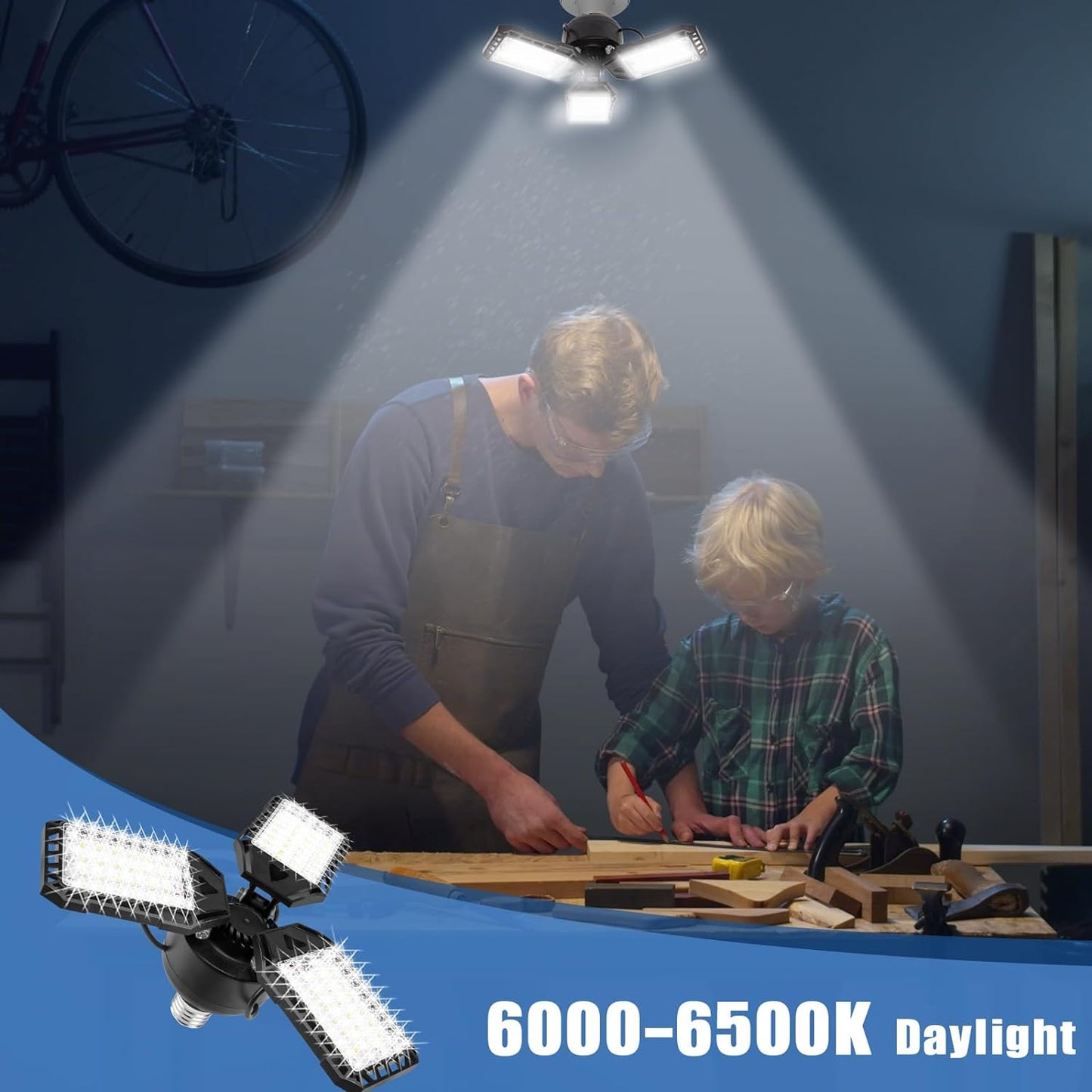 LED Garage Lights - 1 Pack, 80W, 8000LM 6500K Shop Light with 3 Deformable Panels, Basement Barn Light, E26/E27 for Shop, Warehouse, Basement