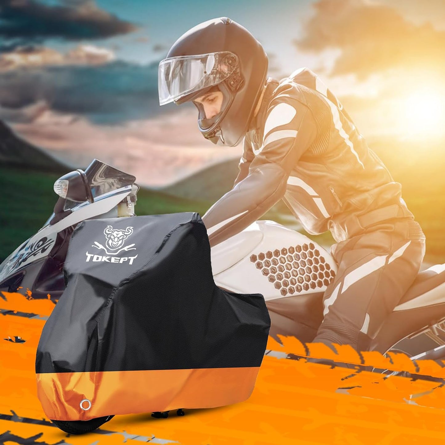 Motorcycle Cover, All-Season Waterproof Outdoor Sun Protection Fit up to 86 Inch Harley-Davidson Honda Suzuki Kawasaki Yamaha (M Black&Orange)