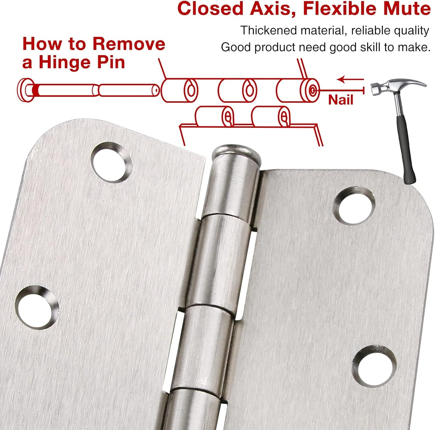 100 Pack Interior Door Hinges Brushed Nickel 3.5 inch x 3 1/2" 5/8" Round Residential Bi-fold Bedroom Standard Hinge for Wood Single/Double Bedroom Doors Silver House Hardware Kit Controls 3 ½"