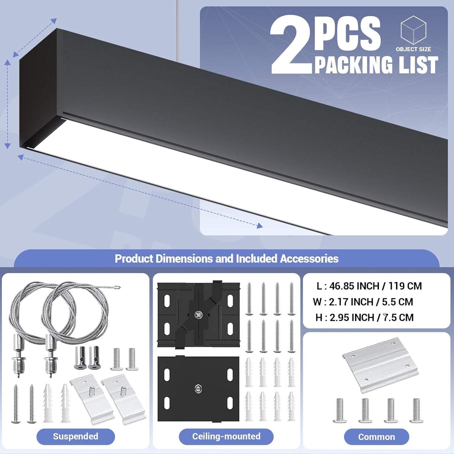4FT LED Linear Light,50/45/40/35/30W Up and Down Light, 3000/4000/5000K CCT,Commercial and Residential Linear Lights Fixture for Office,Pendant Lights for Home,Shop,Garage,School-2Pack