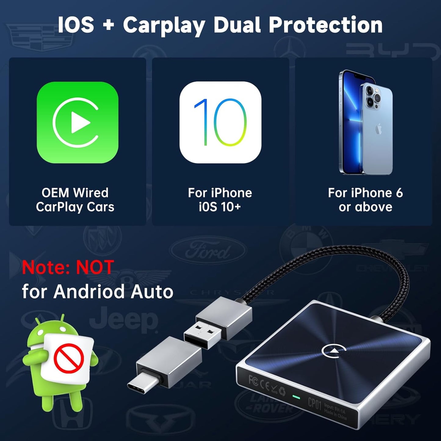 Wireless CarPlay Adapter for iPhone– Super mini 2 in 1 Plug Convert Wired to Wireless Car Play Dongle for Apple iOS 10+ , Instant Connectivity, Fit for Cars with Built-in CarPlay, Black Silver