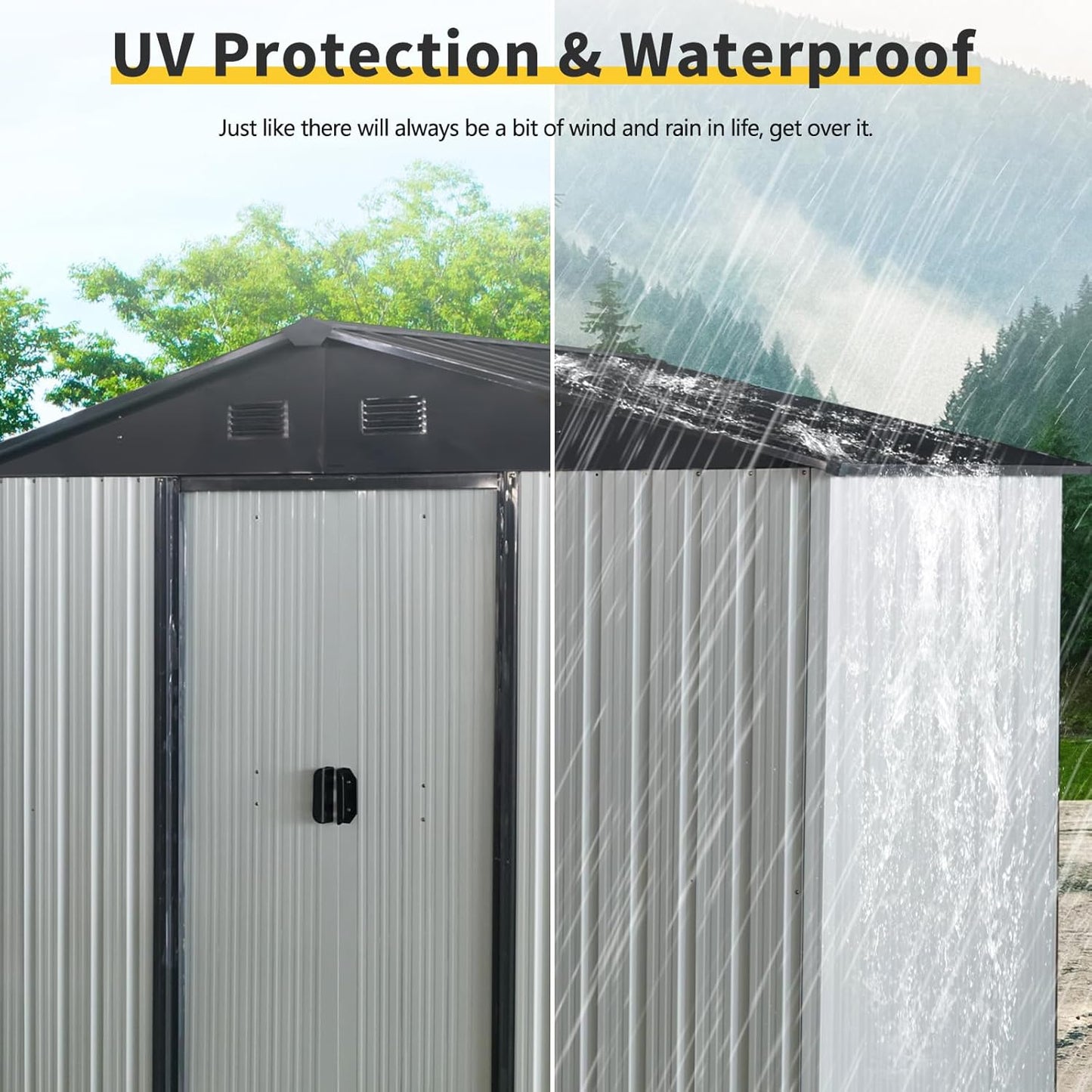 4x8 FT Outdoor Storage Shed, Metal Garden Shed with Frame Floor, Outside Tool Shed with Lockable Sliding Doors, Waterproof Storage Building with Sloped Roof for Backyard, Patio, Lawn, White+Black