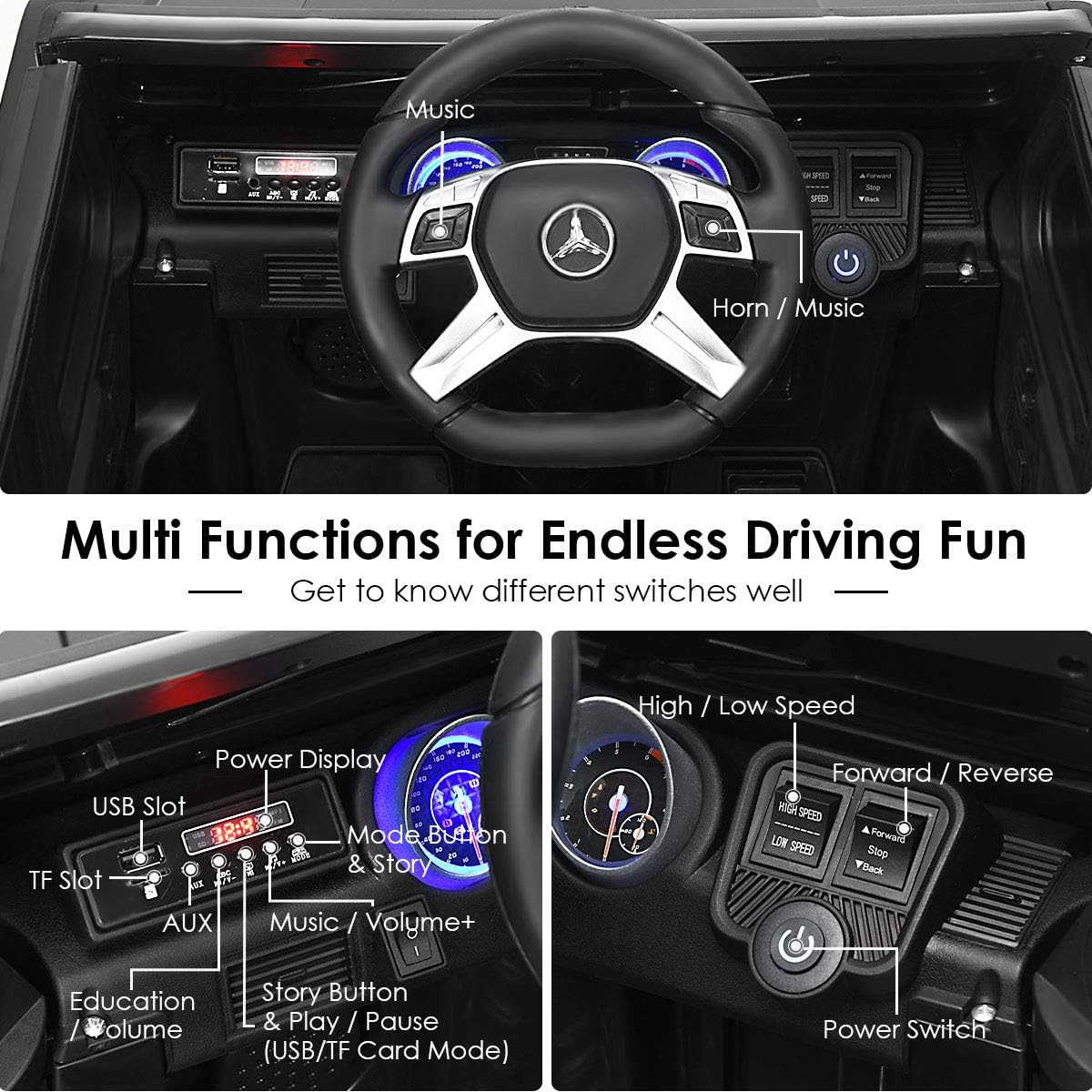 Costzon Ride on Car, Licensed Mercedes-Benz Maybach, 12V Battery Powered Vehicle Toy w/ 2 Motors, Remote Control, 3 Speeds, Lights, Horn, Music, Aux, Storage, Truck, Electric Car for Kids (Black)