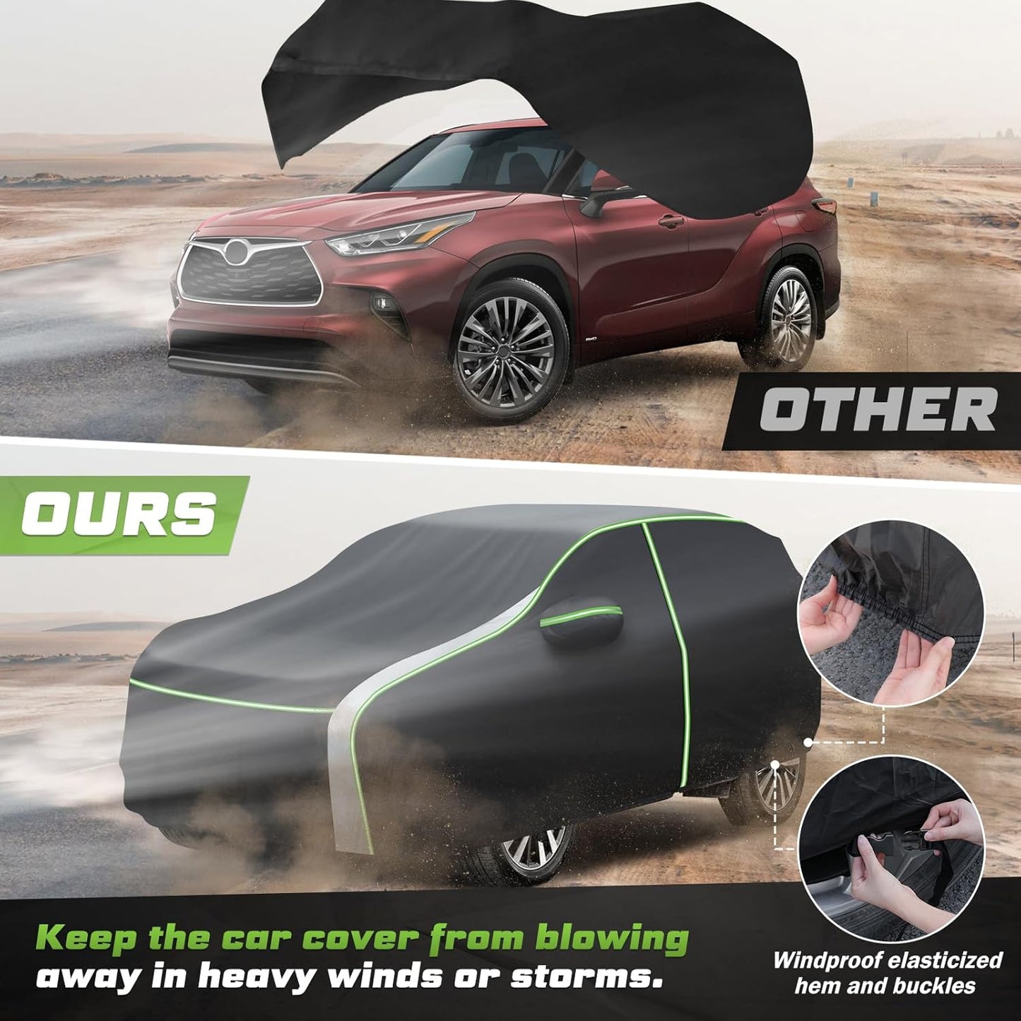 Mixsuper Liner Car Cover for Toyota Highlander 2001-2025, 7 Layers Waterproof Car Cover Accessories for Highlander with Zipper Door, Windproof Straps, Reflective Strips, Anti-UV, All Weather