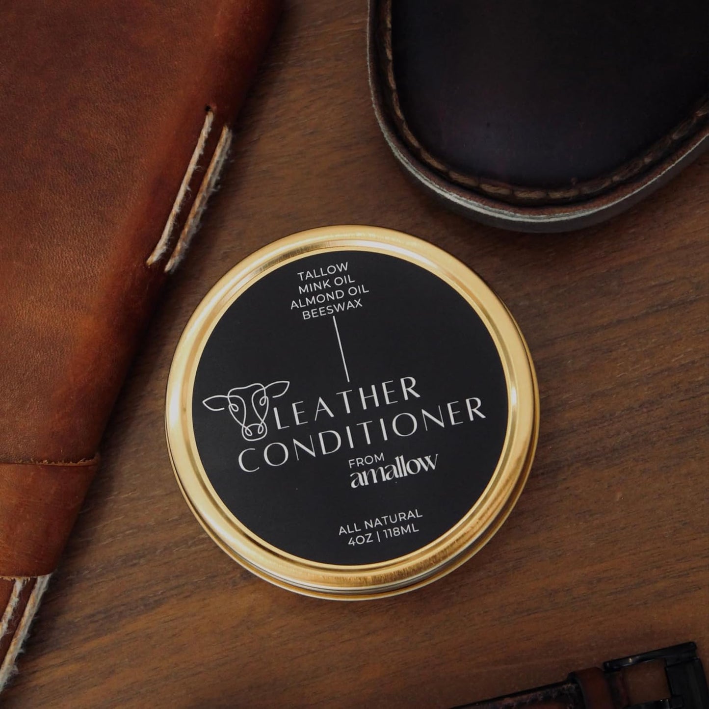 All Natural Leather Conditioner Balm - Made with Mink Oil, Tallow, & Beeswax, Protects, Softens Restores and Waterproofs Leather Shoes, Boots, Bags, Furniture (4 Oz)
