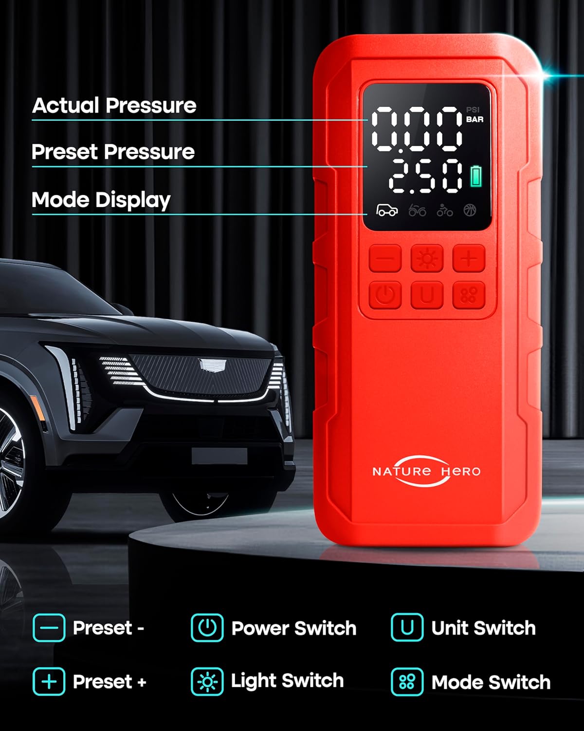 Tire Inflator Portable Air Compressor,150 PSI car tire air Pump Portable with Digital LCD Pressure Gauge,Electric Air Pump for Motorcycle Tires,Bicycle Tires and Balls,Red