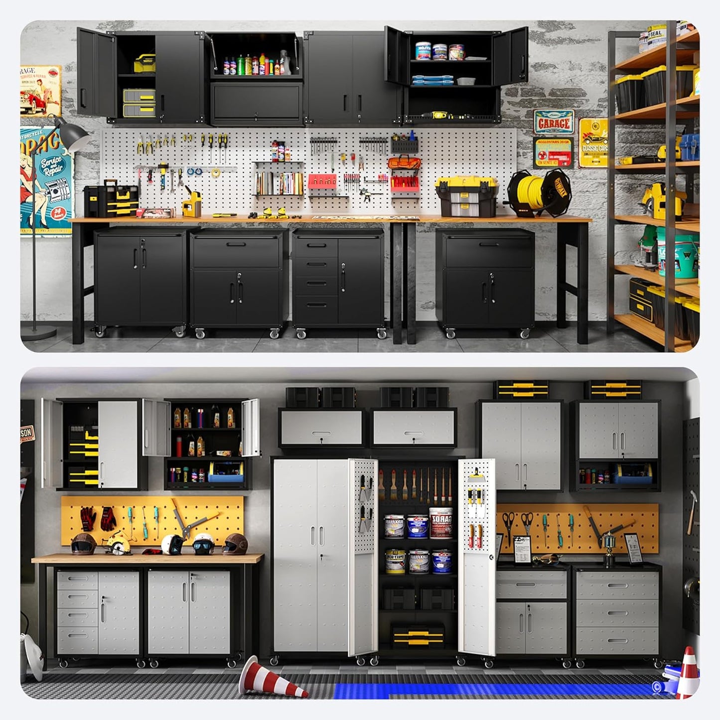 Metal Tool Cabinet,Garage Storage Cabinet System,Wall Cabinet & Locking Rolling Tool Cabinet with Doors and Adjustable Shelves,Steel Tool Cabinets for Home,Office (3 Pcs-StyleA, Black & Grey)