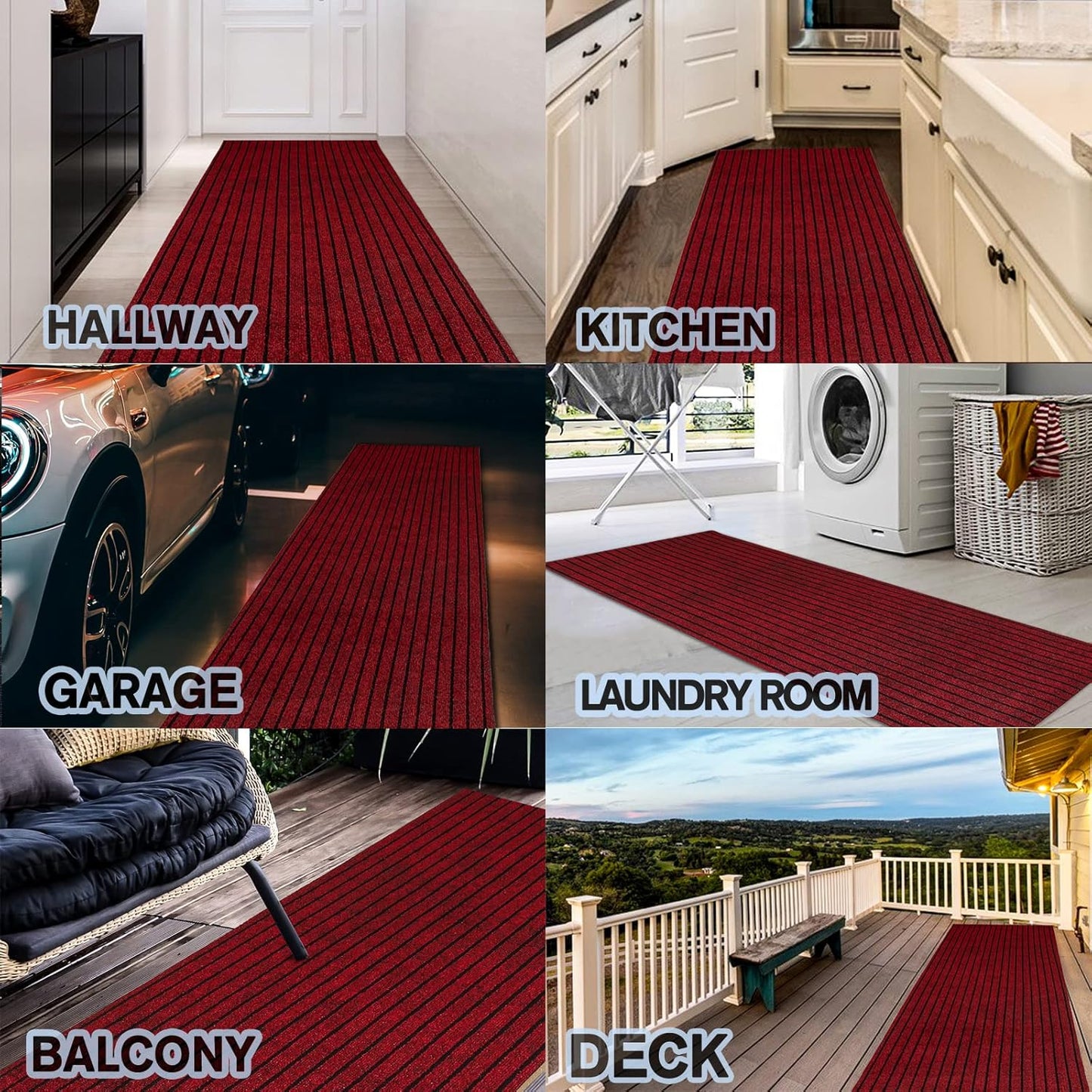 Custom Size Backed Non-Slip Area Rugs Runner, Easy Clean, Waterproof Runner Rugs for Hallway Entryway, Kitchen, Laundry, 2FT x 66FT, Red Stripe