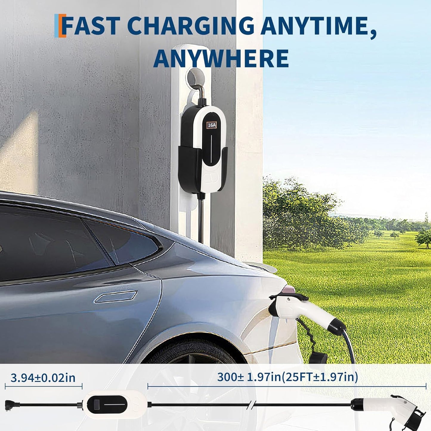 Level 1&2 EV Charger, 16A 110-240V Dual Voltage, NEMA 6-20 & 5-15 Plug, 25ft Cable, Adjustable Current/Delay Timer, SAE J1772 Listed Portable Electric Car Charger for Indoor/Outdoor Use