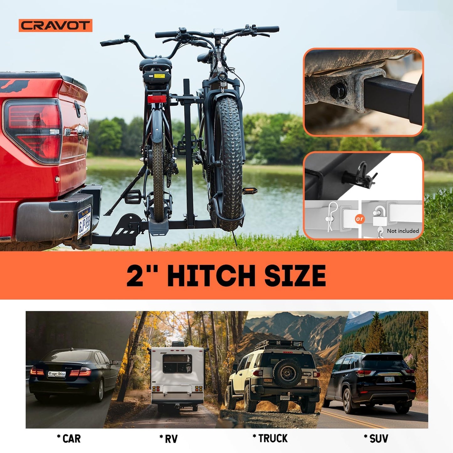 CyberRack E2 Hitch 2 EBike Rack with Ramp, 200 lbs Capacity Electric Bike Carrier Foldable Platform Mount, Up to 5-inch Fat Tire Bicycle for 2'' Receiver Cars Trucks SUVs Minivans RV, Trailer