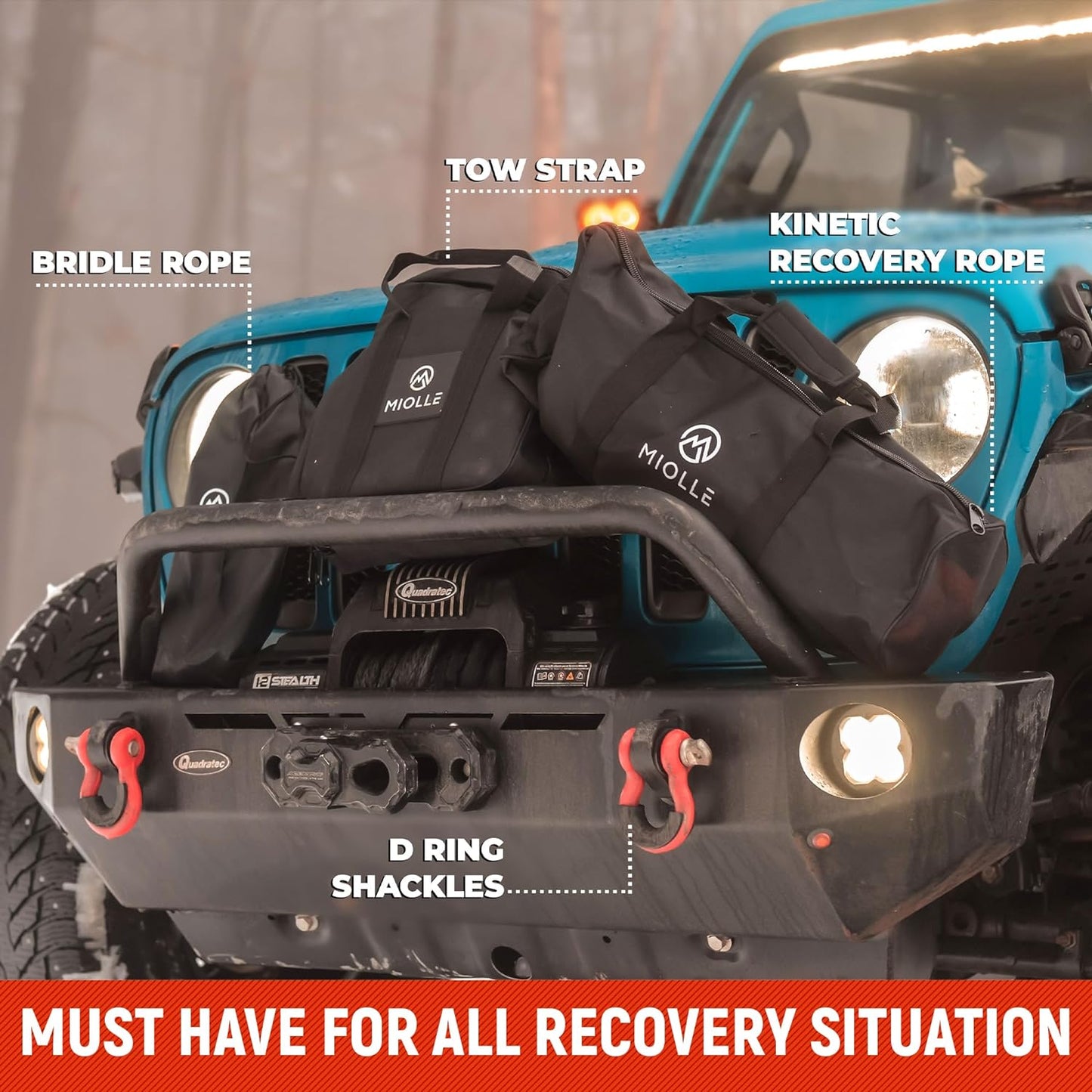 MiolleGear Kinetic Recovery Rope kit (3/4" x20', 6400lbs WLL) Heavy Duty Tow Rope - Includes 2 Soft Shackle for UTV, ATV, Truck, Car, Jeep, Tractor