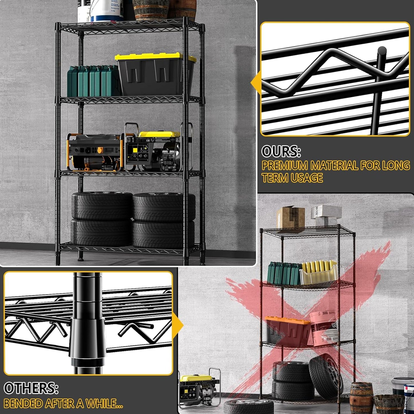 1000 lbs 4 Tier Shelf Metal Storage Shelves Shelving Wire Rack Heavy Duty Closet Organizers for Garage Kitchen Bathroom Laundry Black 15.7" D x 33.5" W x 59.5" H