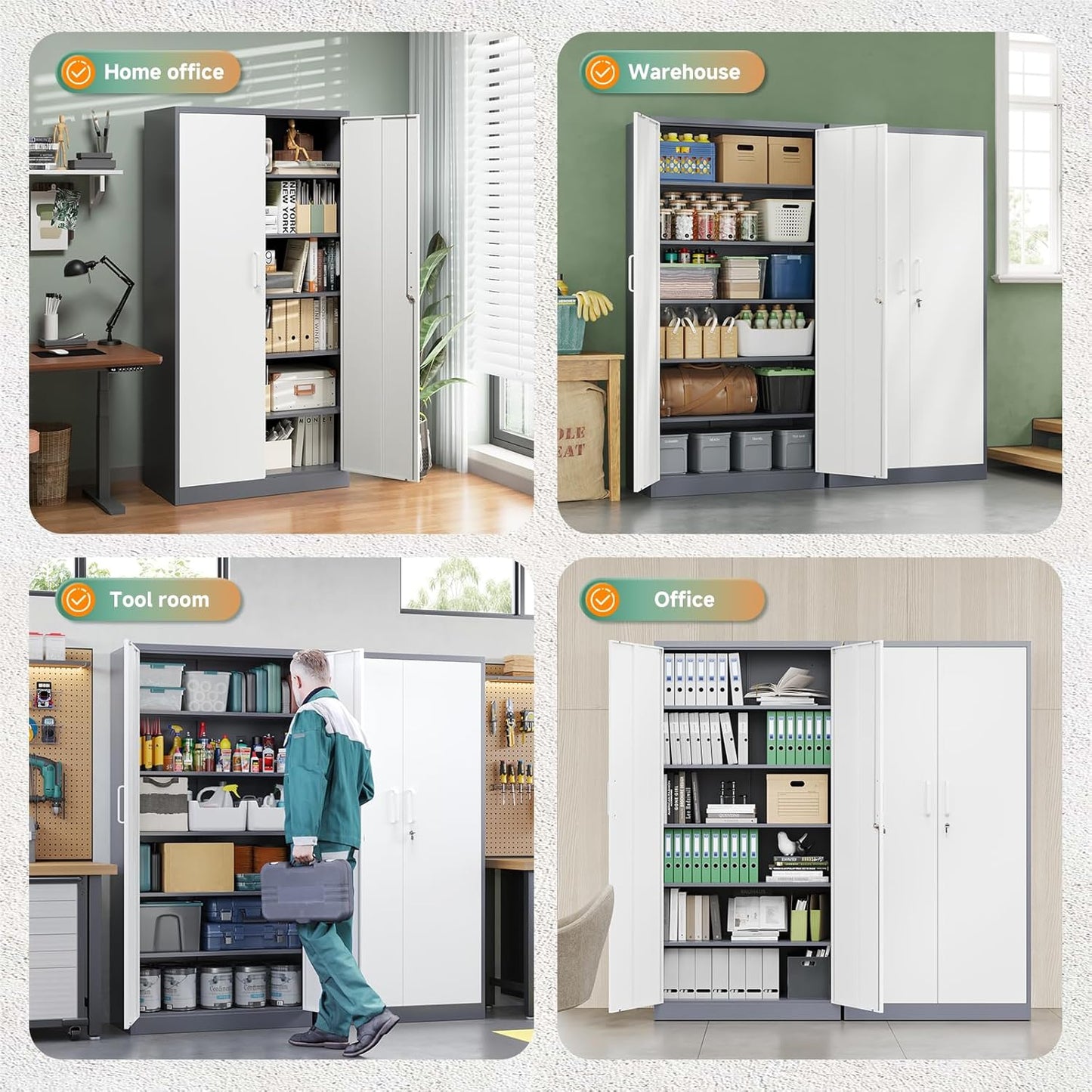 Letaya Metal Storage Cabinet with Lock Door and 5 Shelves,6 Tier Steel Garage Tool Cabinet for Home Office Utility Room 72" H X 36" W X18 D (White Gray)