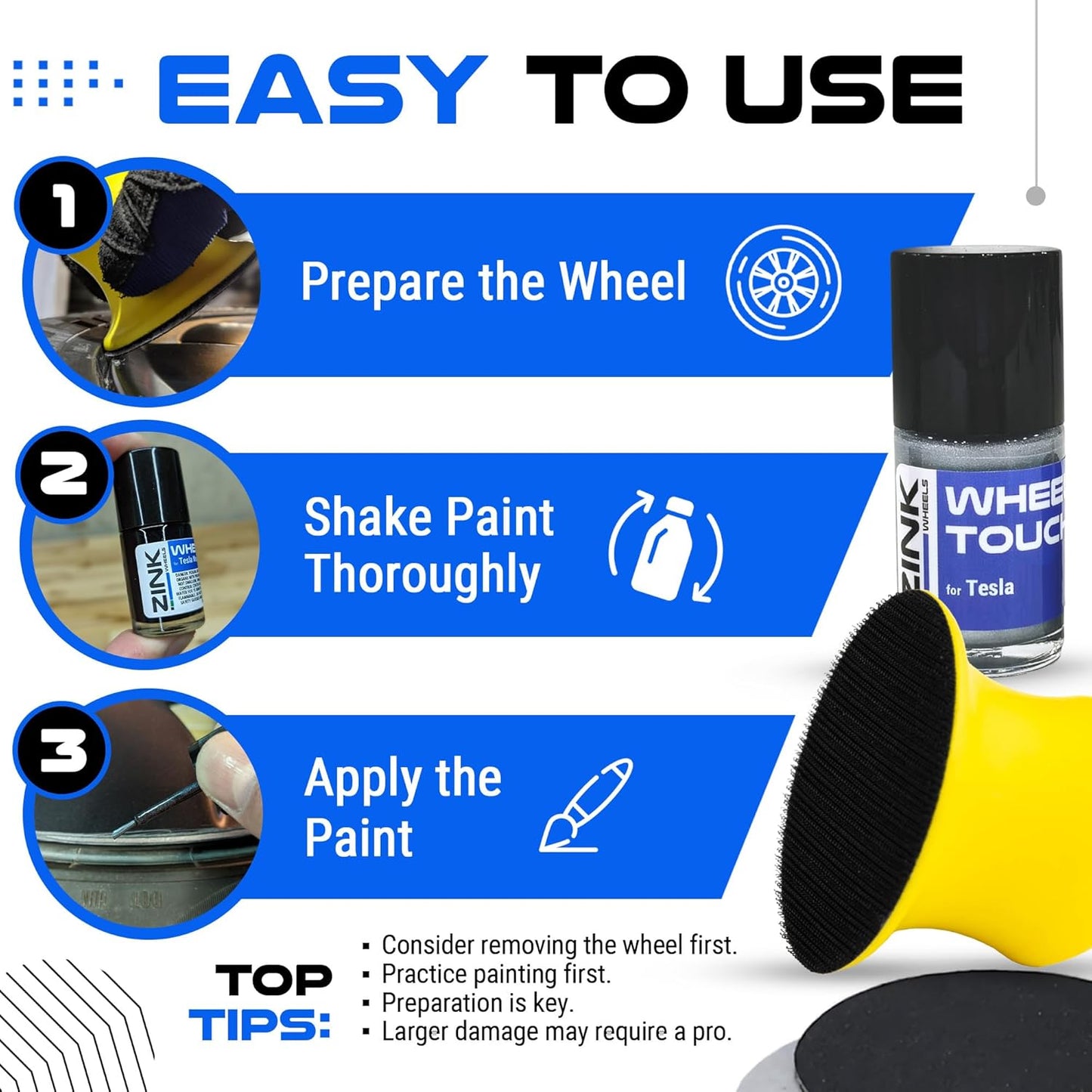 Premium Tesla Wheel Curb Rash Repair Kit for Model 3 19-inch Silver Nova Rims - DIY Kit with Color-matched Touch Up Paint - Made in USA