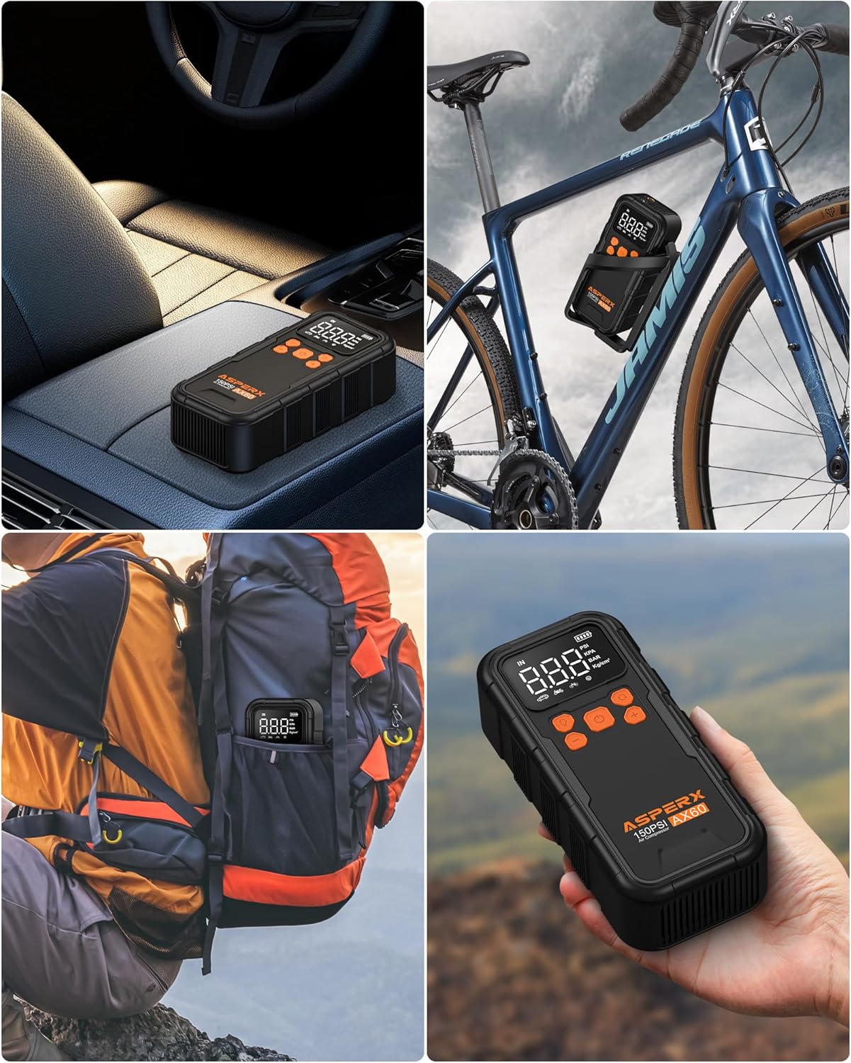 Tire Inflator Portable Air Compressor, 150PSI Cordless Air Pump for Car Tires, 3X Faster Air inflator Tire Pump with Digital Pressure Gauge and Emergency LED Light for Motorcycle Bike Ball Car