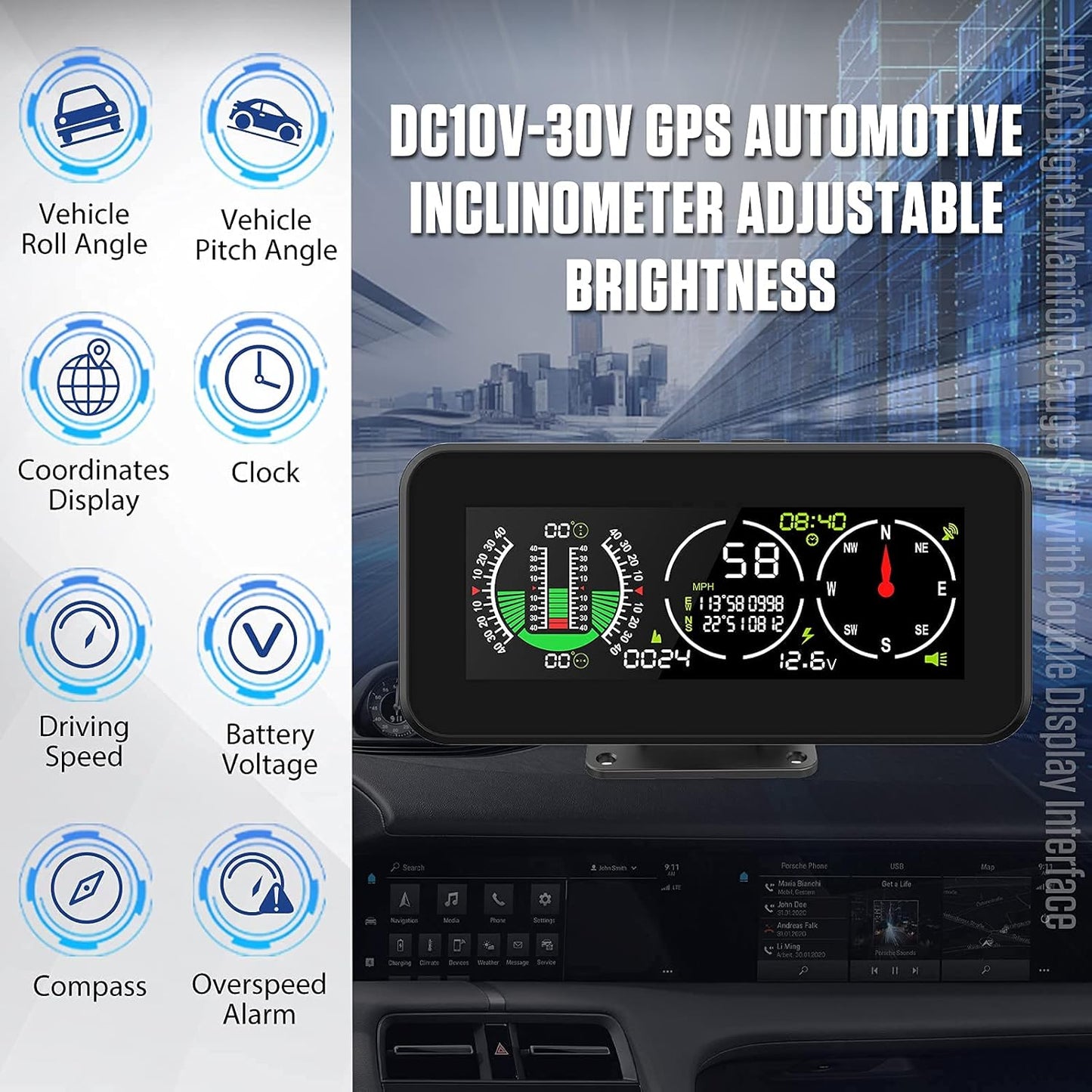 GPS Car Digital Inclinometer for Off Road Vehicles, Head Up Display DC 10-30v Multifunctional Vehicle Clinometer Digital Speedometer with Coordinate Display