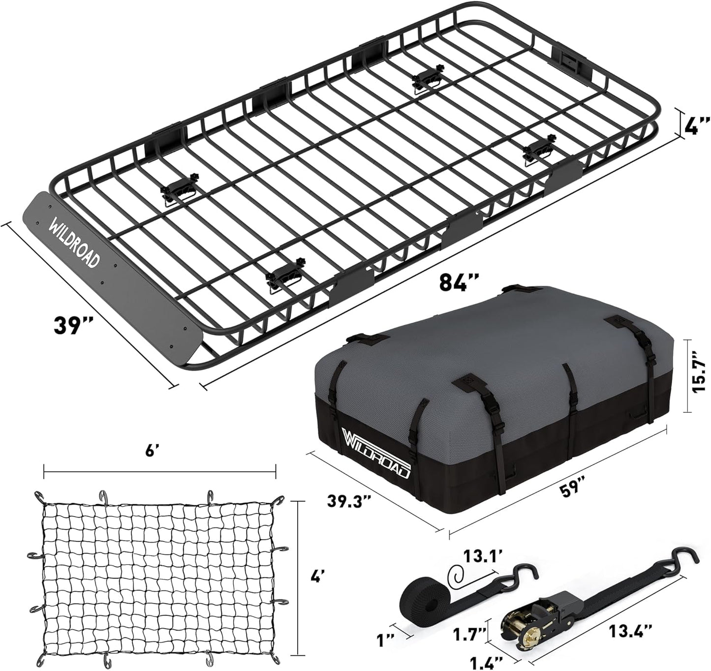 WILDROAD Car Roof Cargo Carrier Combo of Upgraded 84"x 39"x 4" Roof Rack Cargo Basket with 21 Cubic ft Cargo Carrier Bag, Super Duty Bungee Cargo Net and Ratchet Straps Fits for SUV Truck Cars