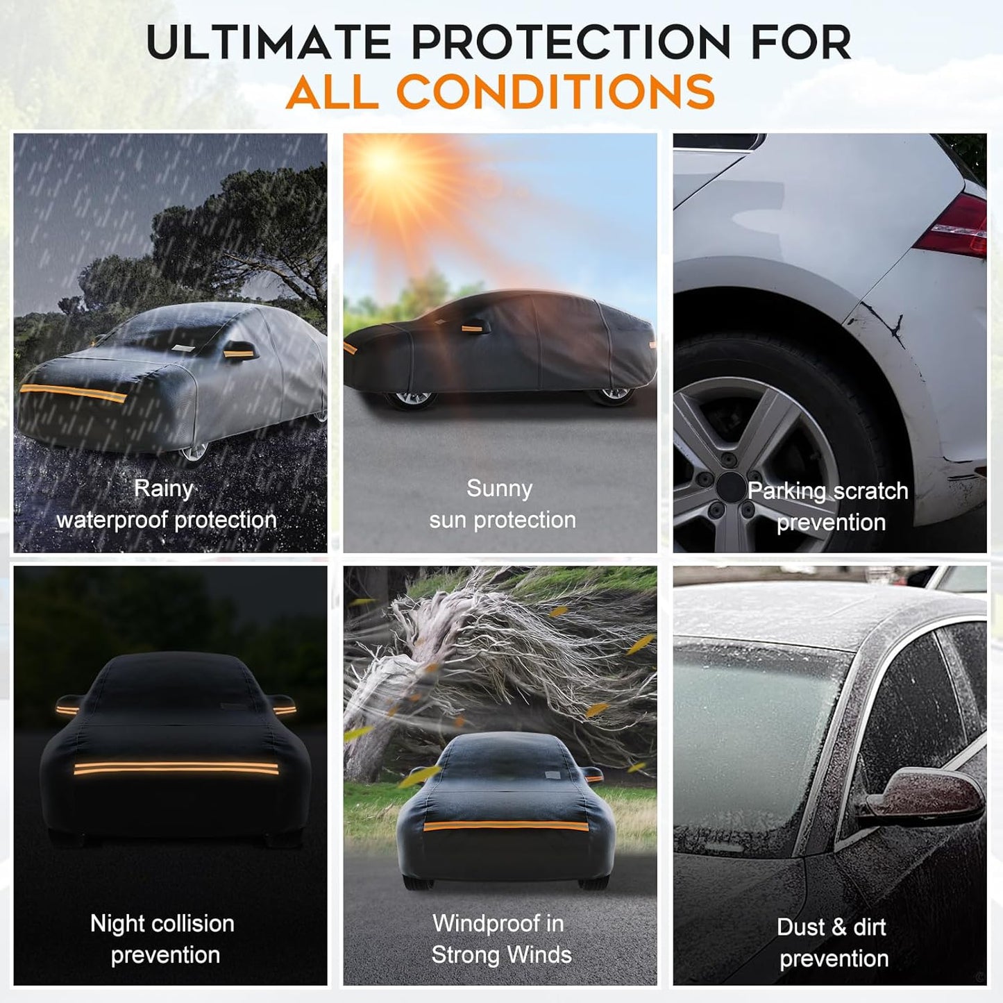Sedan Car Cover Waterproof All Weather for Automobiles,Outdoor Heavy Duty Full Exterior Covers with Zipper Door, Rain Sun Snow Dust UV Protection, Windproof Straps & Reflective Strips(Up to 169")