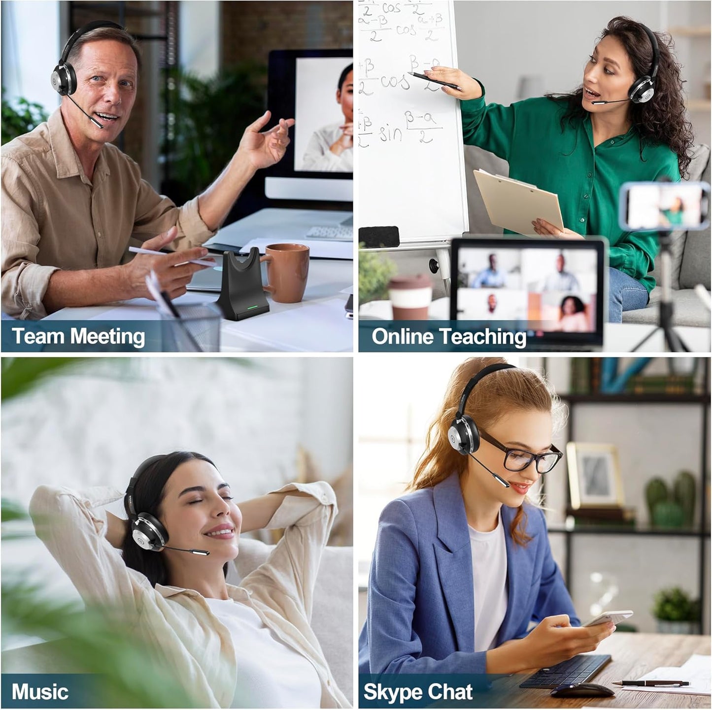 Wantek Wireless Headset with Mic for Work,Bluetooth Headset with AI Noise Cancelling,Mic Mute,Charging Base & USB Dongle for Laptop/Computer/Cell Phone, Remote Work & Call Center